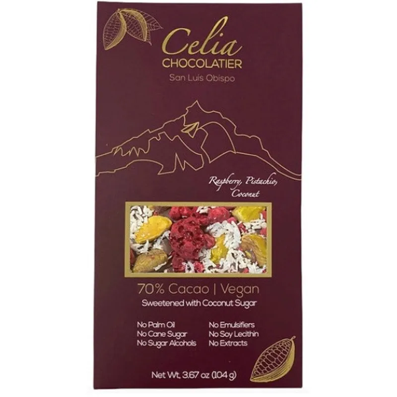 70% Dark Chocolate | Raspberry, Pistachios, Coconut