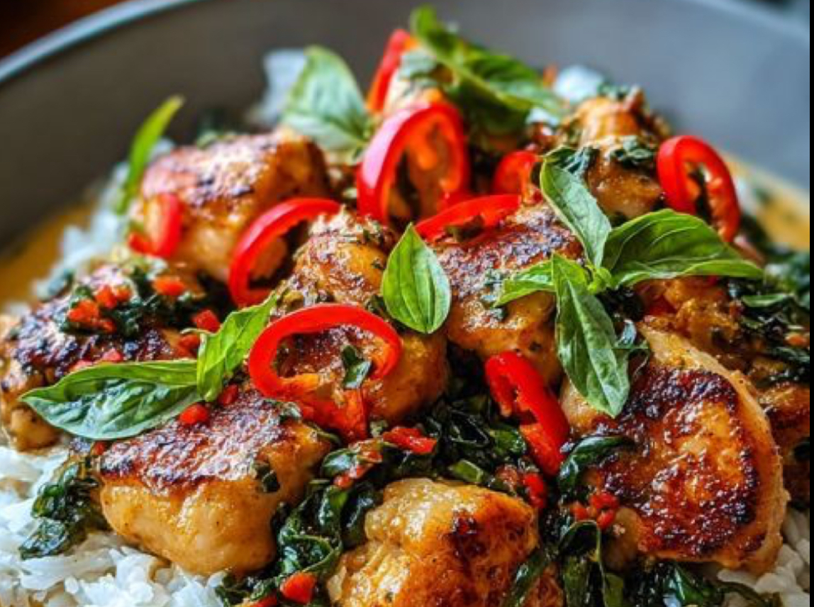 Coconut basil chicken with charred summer squash and steamed jasmine rice